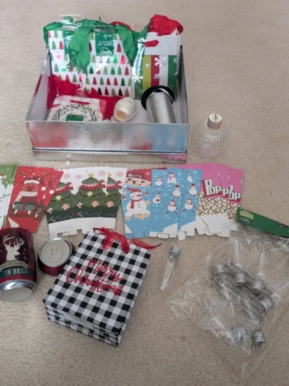 Christmas holiday gift bags beer can set ornaments popcorn boxes ribbon